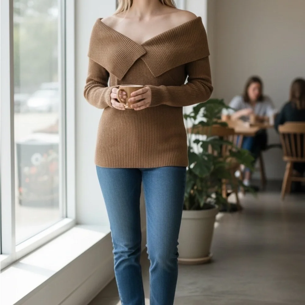 We The Free Off-the-Shoulder Brown Sweater - Picture 2 of 3